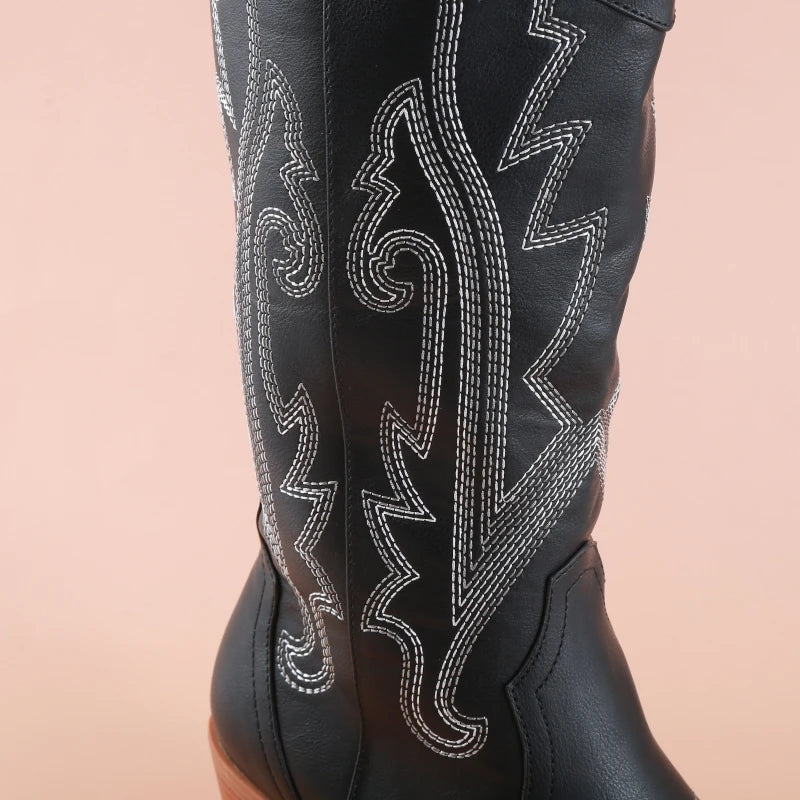 Women's Embroidered Cowboy Boots with Thick Heel