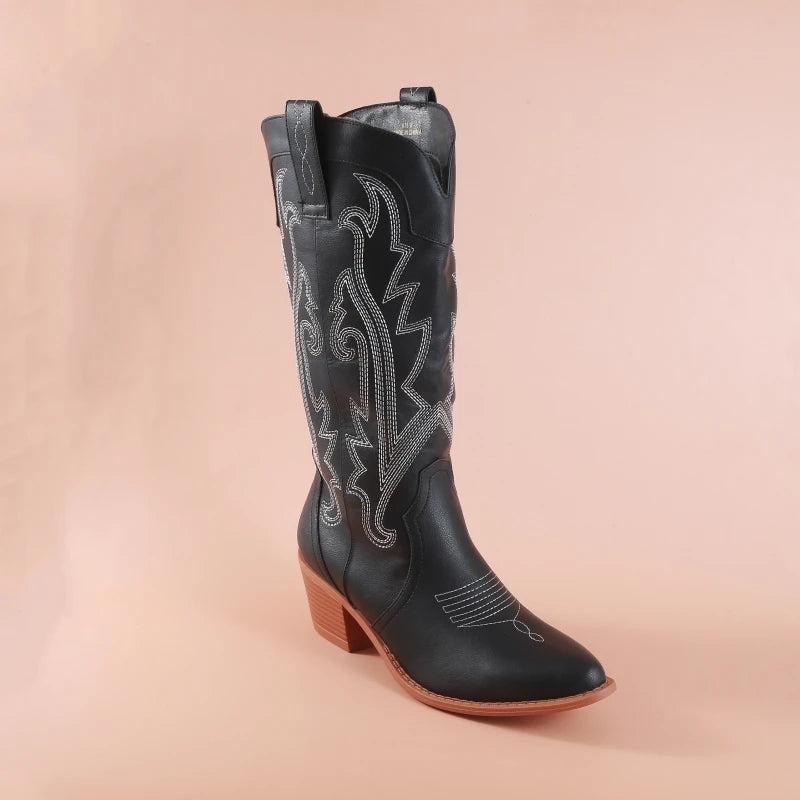 Women's Embroidered Cowboy Boots with Thick Heel