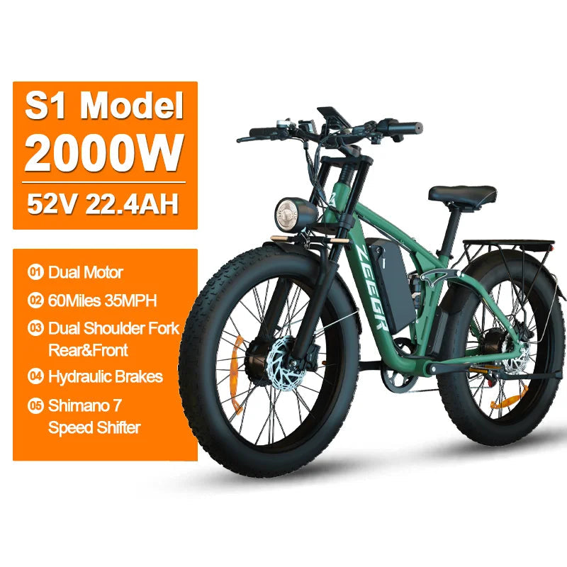 2000W Dual Motor AWD Fat Tire E-Bike | 52V 80-Mile Range 24 Hour Sport