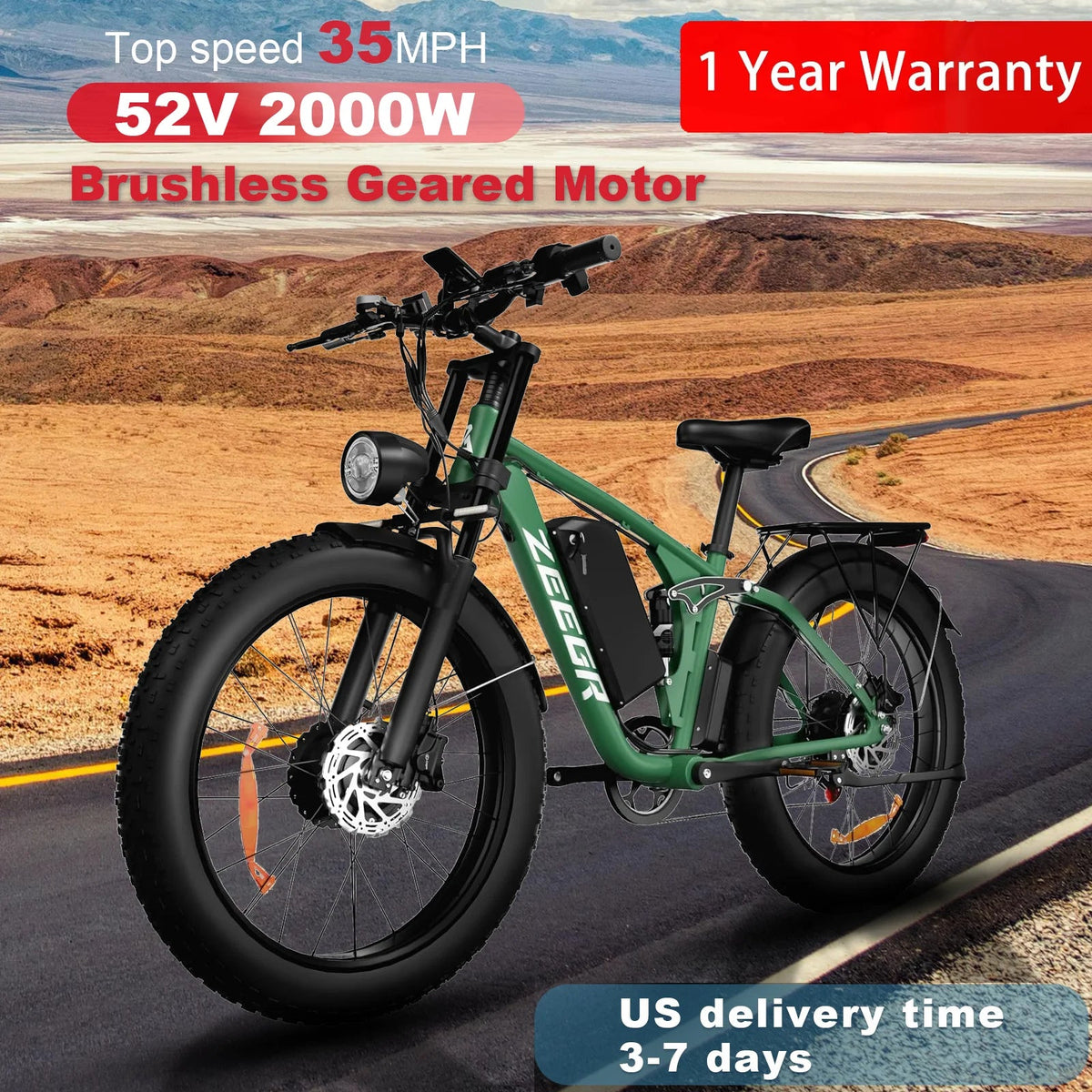 2000W Dual Motor AWD Fat Tire E-Bike | 52V 80-Mile Range 24 Hour Sport