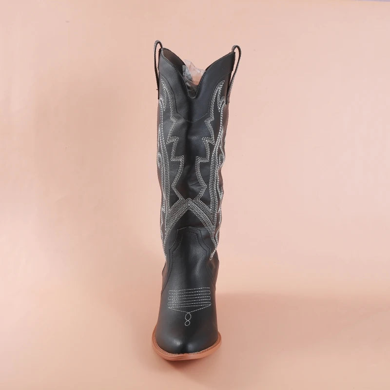 Women's Embroidered Cowboy Boots with Thick Heel