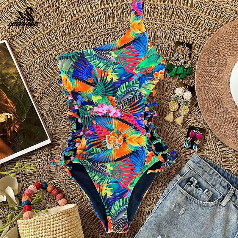 Stylish One-Piece Swimwear: Lace-Up Push-Up Design