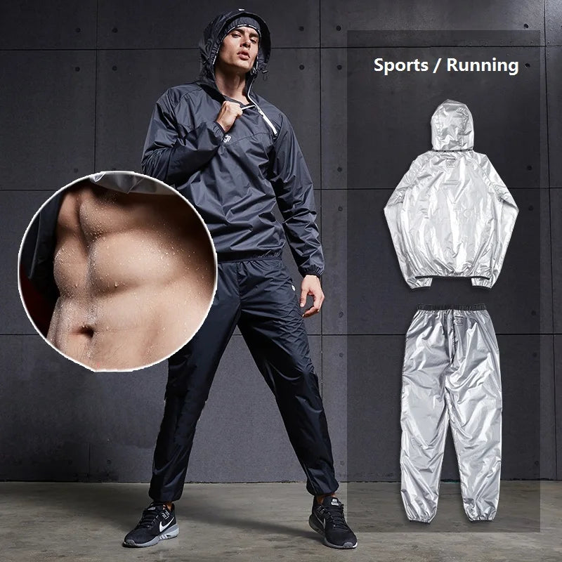 Person wearing a dark gray tracksuit with a close-up of a muscular abdomen, and silver tracksuit set on a dark background.
