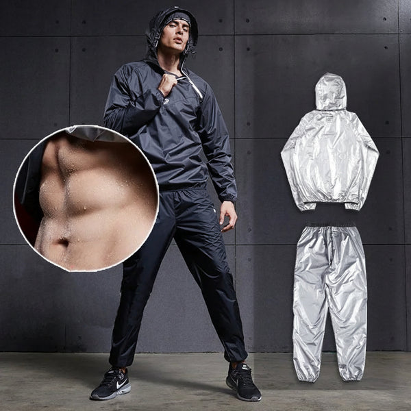 Person wearing a dark gray tracksuit with a close-up of a muscular abdomen, and silver tracksuit set on a dark background.