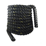 Black battle rope with yellow accents on a white background, labeled 12m x 25mm.