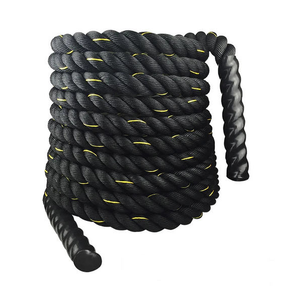 Black battle rope with yellow accents on a white background, labeled 12m x 25mm.