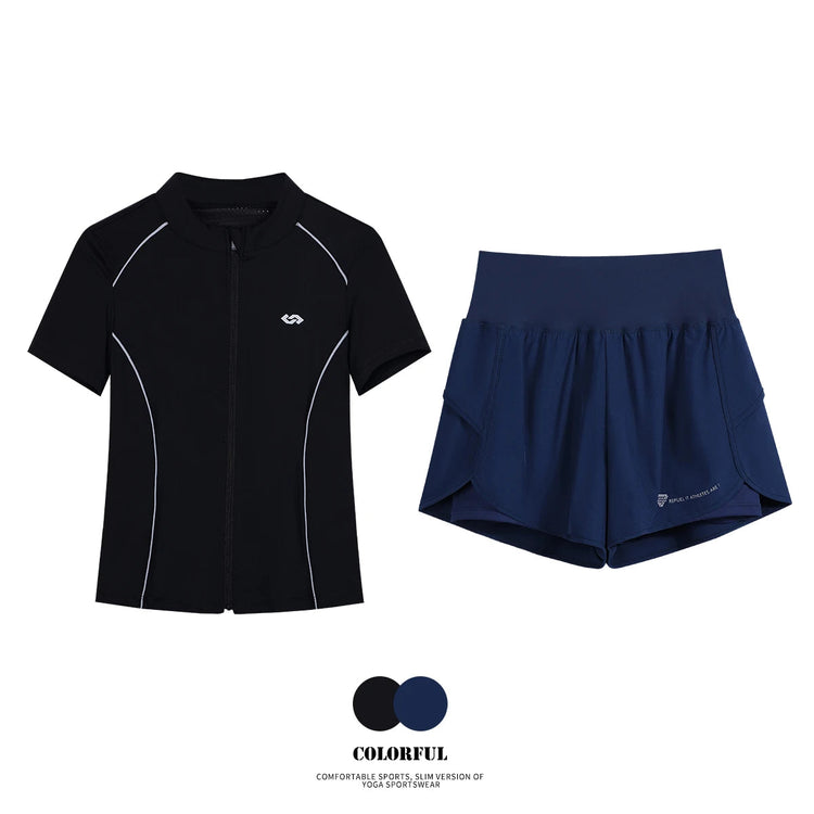 DRUR Breathable Gym Clothes for Women 2 Piece Summer Workout Sets Full Zip Sports Tops with Elastic Waist Shorts Active Wear New 24 Hour Sport