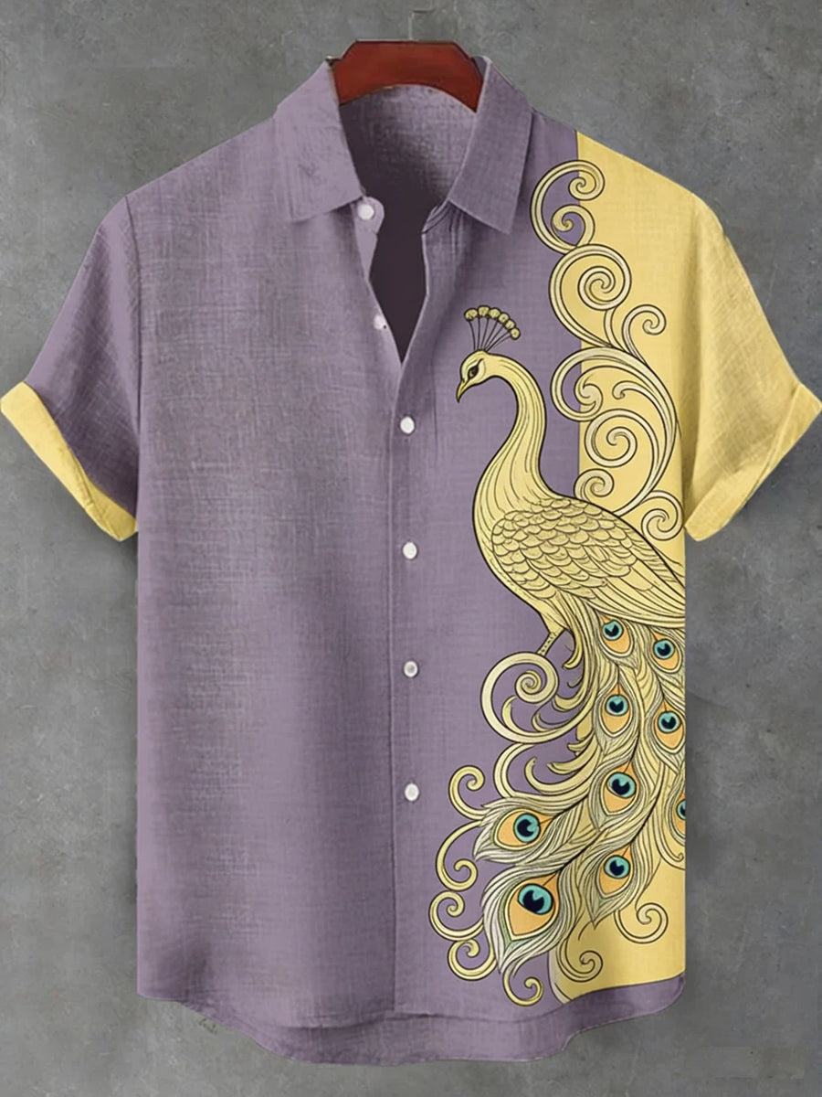 Ethnic Linen Short-Sleeve Peacock Shirt for Men