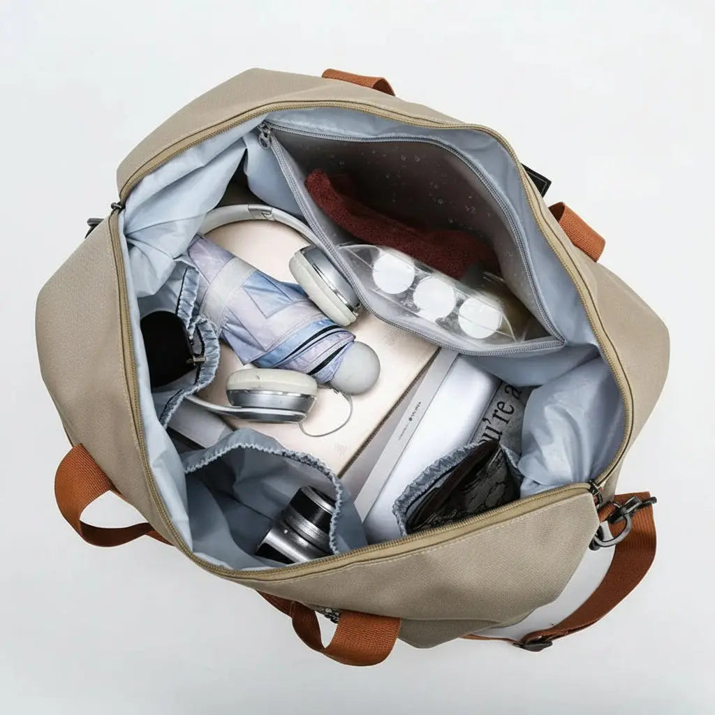 Open beige backpack with various items and a 'wet' label on a light gray background