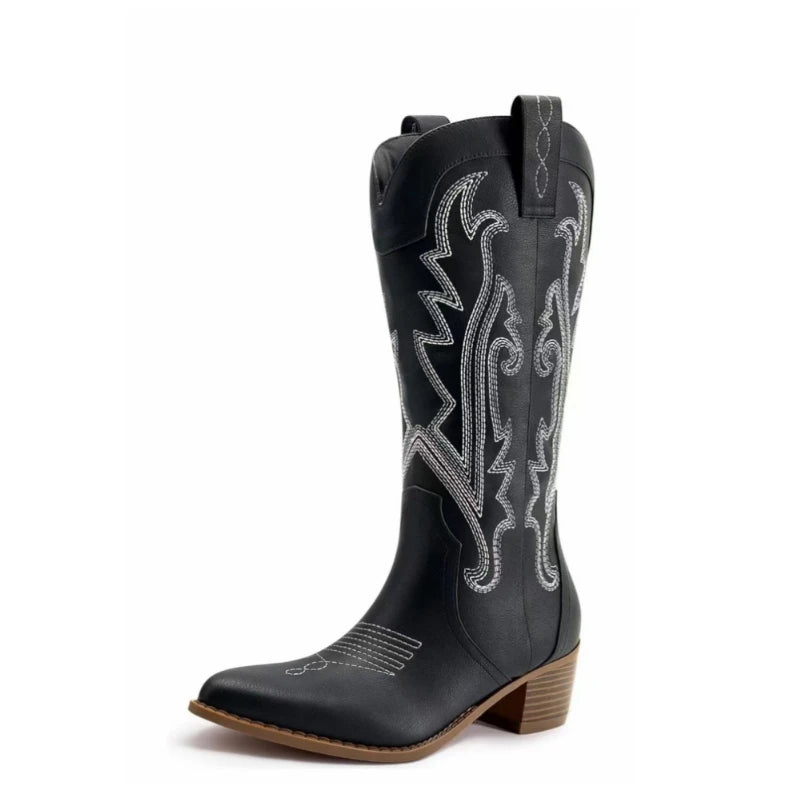 Women's Embroidered Cowboy Boots with Thick Heel