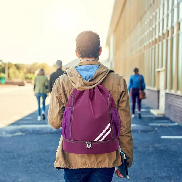 Drawstring Backpack with Mesh Pockets and Shoe Compartment