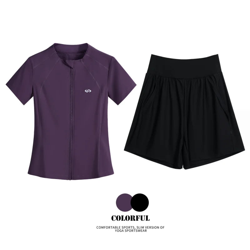 DRUR Short Sleeve Tracksuit Set for Women With Sport Jackets and Shorts with Pockets 2 Piece Running Gym Outfit Summer Yoga Suit 24 Hour Sport