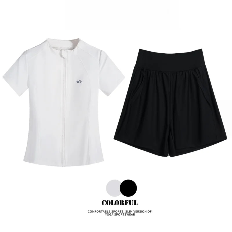 DRUR Short Sleeve Tracksuit Set for Women With Sport Jackets and Shorts with Pockets 2 Piece Running Gym Outfit Summer Yoga Suit 24 Hour Sport