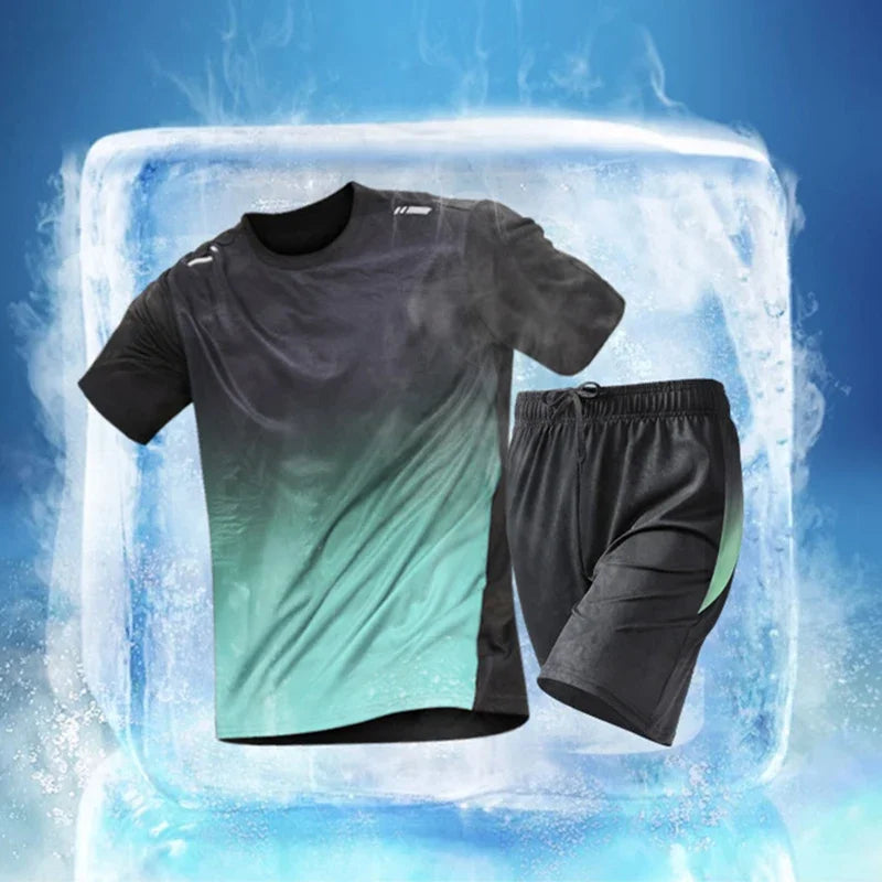 Black and green gradient t-shirt and shorts set on a blue background with ice effect