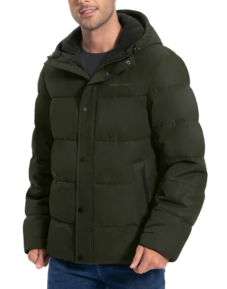 Men's Hooded Quilted Puffer Jacket with Snap Storm Flap