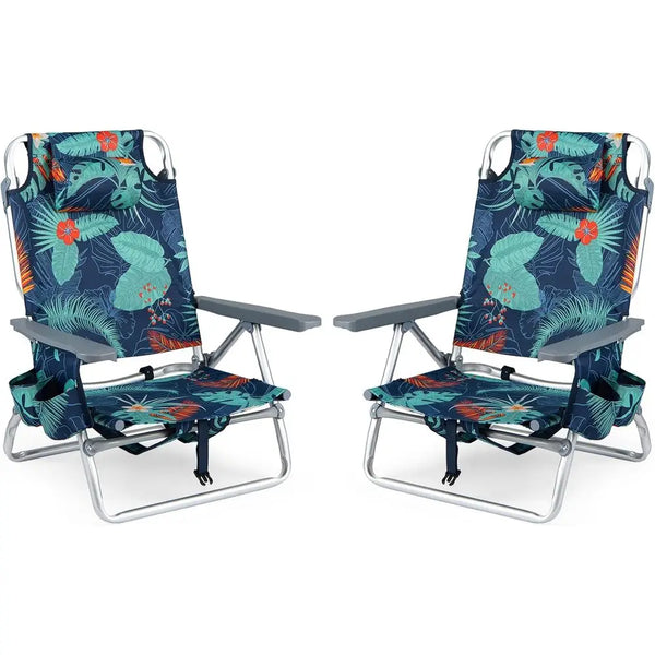 2-Pc Collapsible Beach Chairs with Cooler & Cup Holder