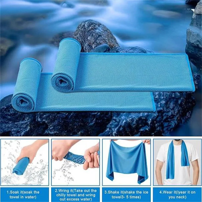 Blue ice towel with usage instructions against a natural background