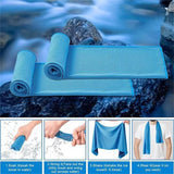 Blue ice towel with usage instructions against a natural background