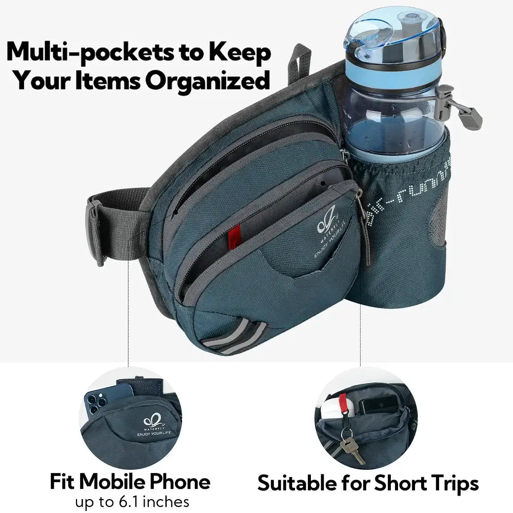 WATERFLY Fanny Pack Waist Bag For Women Men With Water Bottle Holder Hiking Belt Bum Bags For Running Walking DogWalking Travel