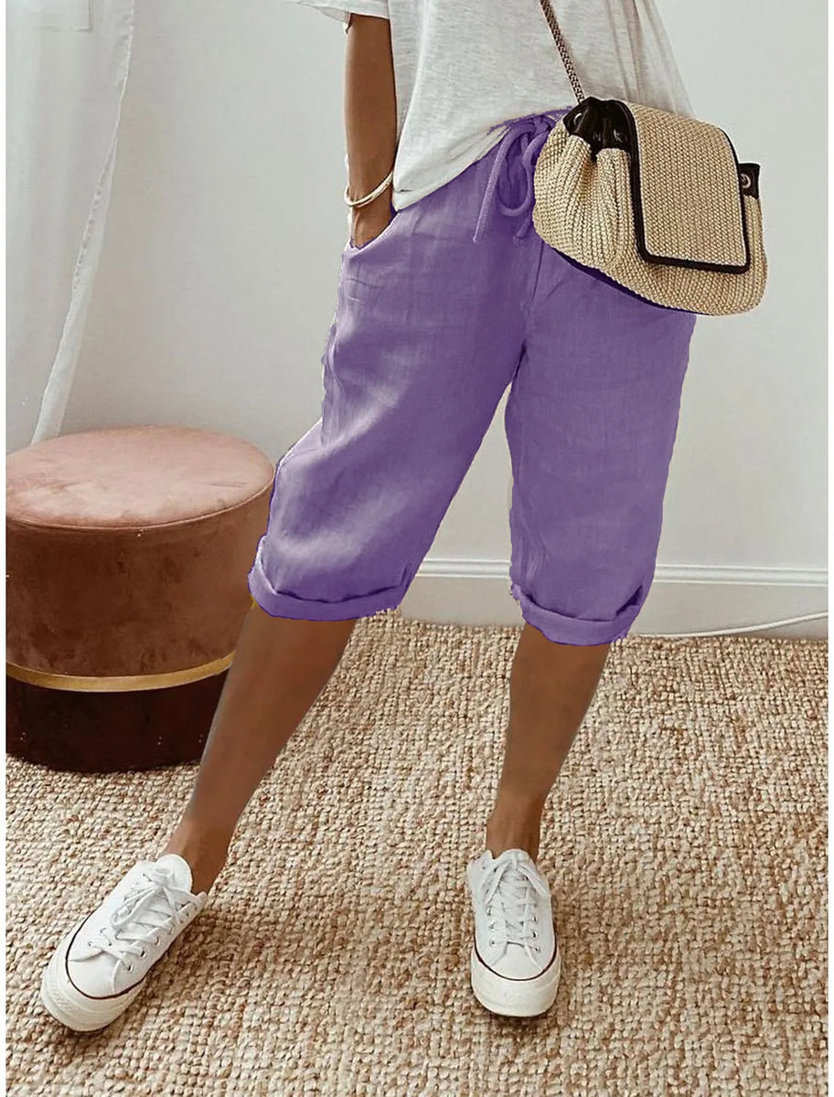 Women's Summer Cotton Linen Shorts Elastic Waist & Pockets