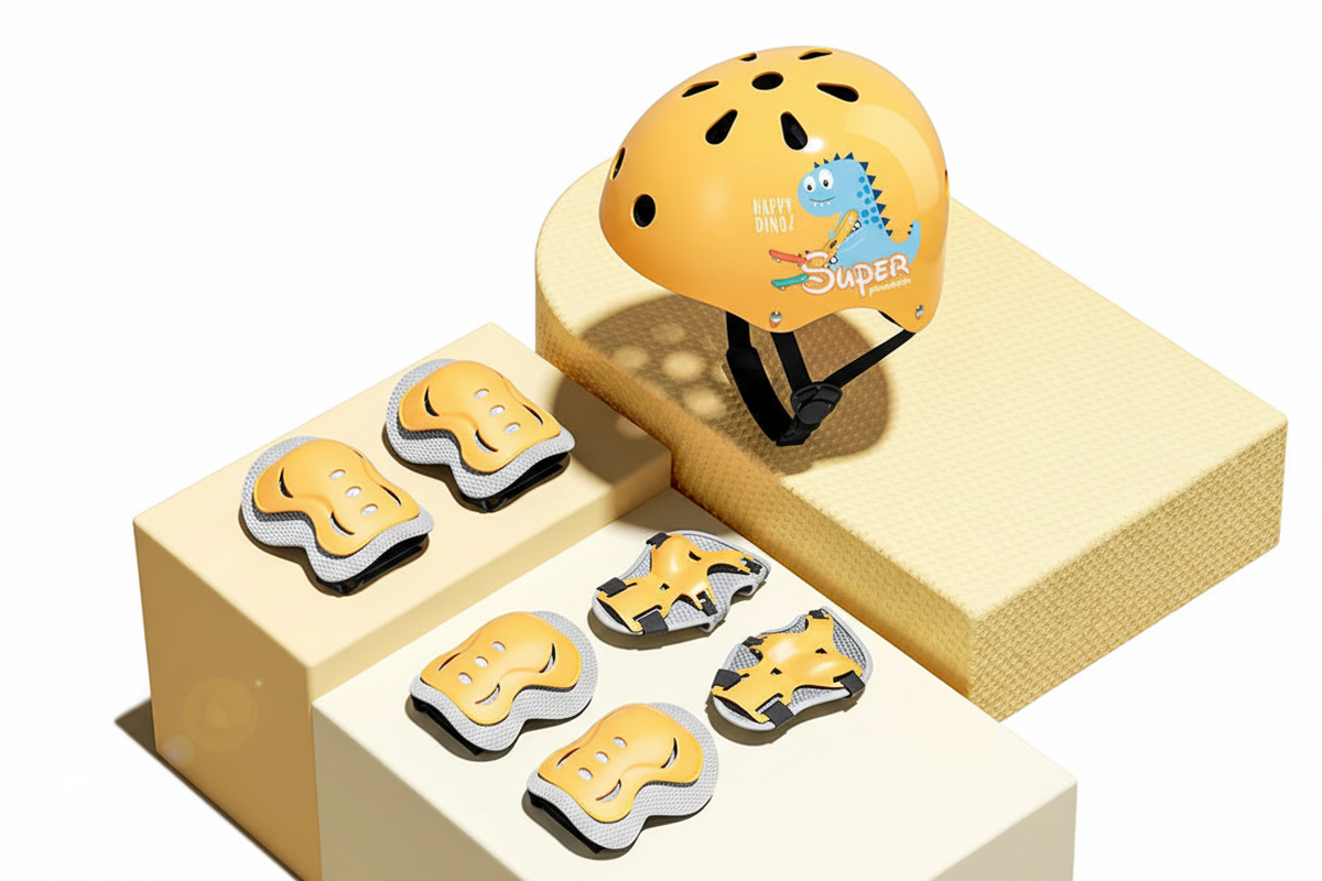 Children's safety helmet and padding set with dinosaur design on a beige background