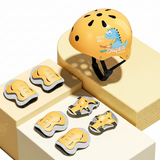 Children's safety helmet and padding set with dinosaur design on a beige background