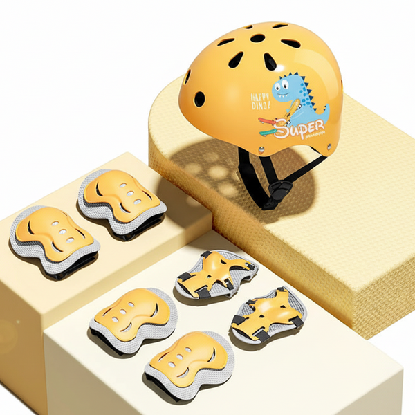 Children's safety helmet and padding set with dinosaur design on a beige background