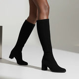 Fashion Black Thick High Heels Knee High Boots Women Back Zipper Flock Long Boots Woman Rubber Sole Plus Size Botas Mujer 43 - 24 Hour Sport