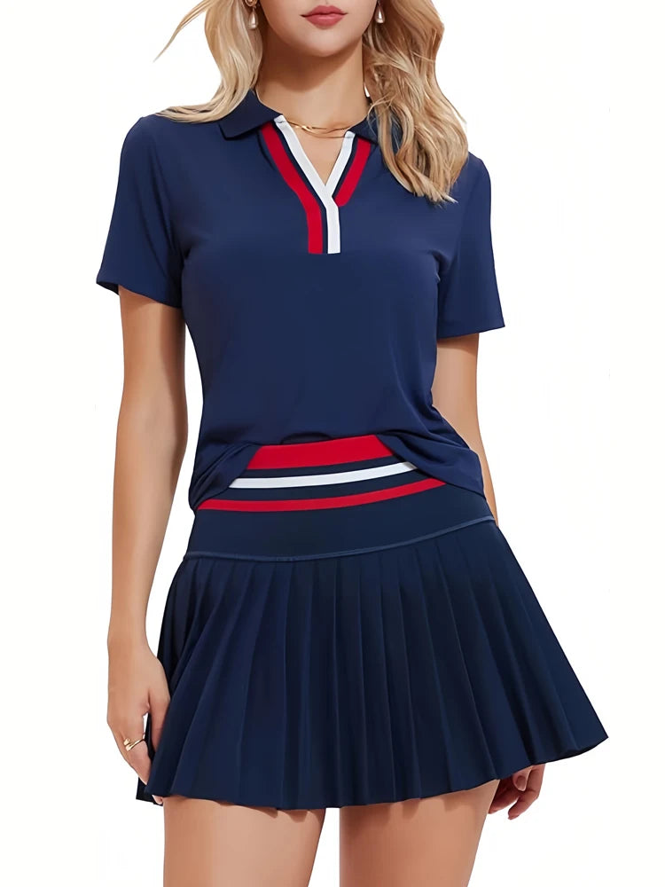 VITALINOVO Women 2 Pieces Athletic Skirt Set Outfits V Neck Polo Shirts High Waisted Pleated Tennis Skirts Golf Pickball Dress 24 Hour Sport