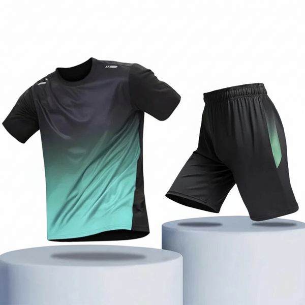 Black and green gradient sports outfit on a blue and gray background