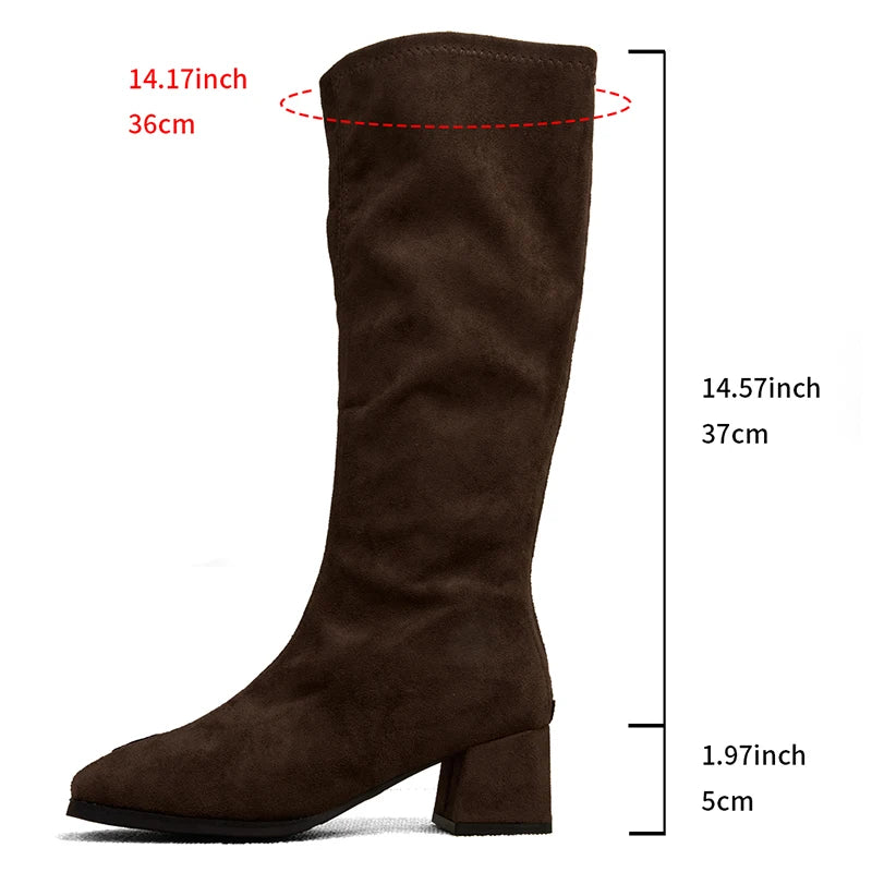 Fashion Black Thick High Heels Knee High Boots Women Back Zipper Flock Long Boots Woman Rubber Sole Plus Size Botas Mujer 43 - 24 Hour Sport