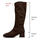 Fashion Black Thick High Heels Knee High Boots Women Back Zipper Flock Long Boots Woman Rubber Sole Plus Size Botas Mujer 43 - 24 Hour Sport