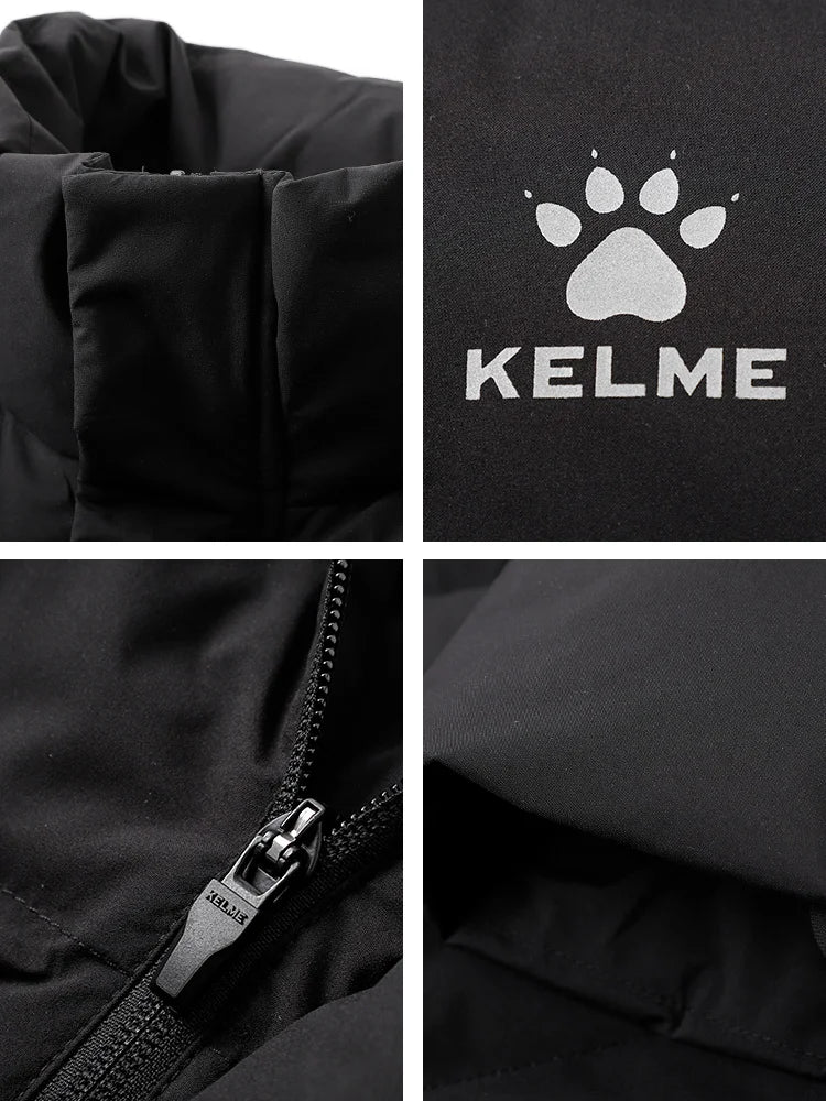 A four-panel close-up collage of a black Kelme jacket or puffer garment, showing the fabric texture, a white paw print logo with the KELME wordmark, a zipper pull with KELME text, and folded fabric detail.