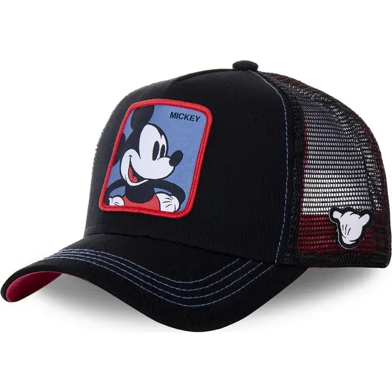 Black trucker cap with Mickey Mouse patch on a white background