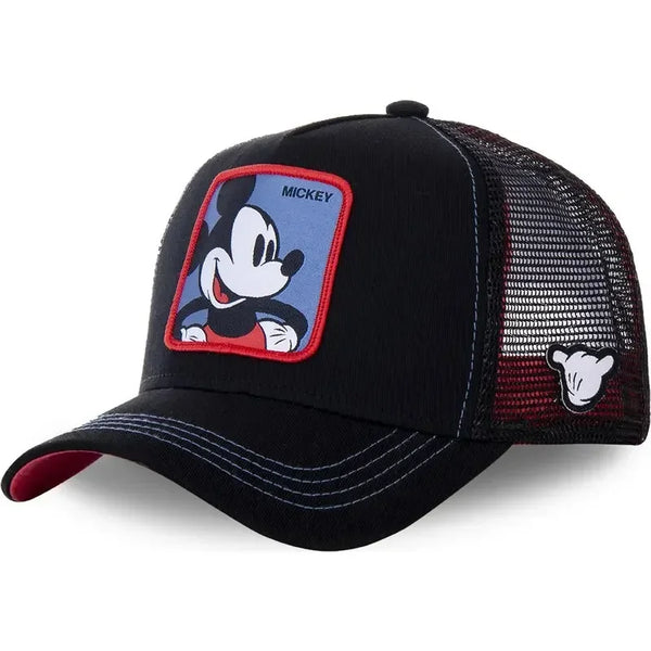 Black trucker cap with Mickey Mouse patch on a white background