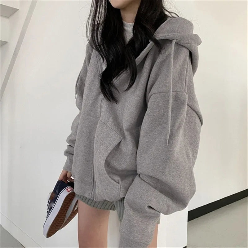 Retro Solid Color Zip-Up Hoodie Jacket