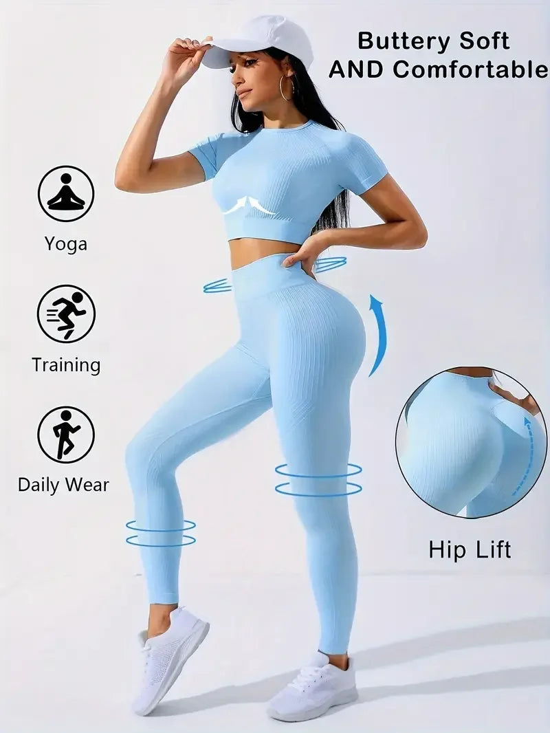 Yoga Set 2 Pieces Women Tracksuits Workout Sportswear Gym Clothing Fitness Short Sleeves Long Leggings Suits 24 Hour Sport