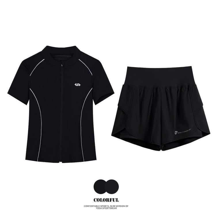 DRUR Breathable Gym Clothes for Women 2 Piece Summer Workout Sets Full Zip Sports Tops with Elastic Waist Shorts Active Wear New 24 Hour Sport