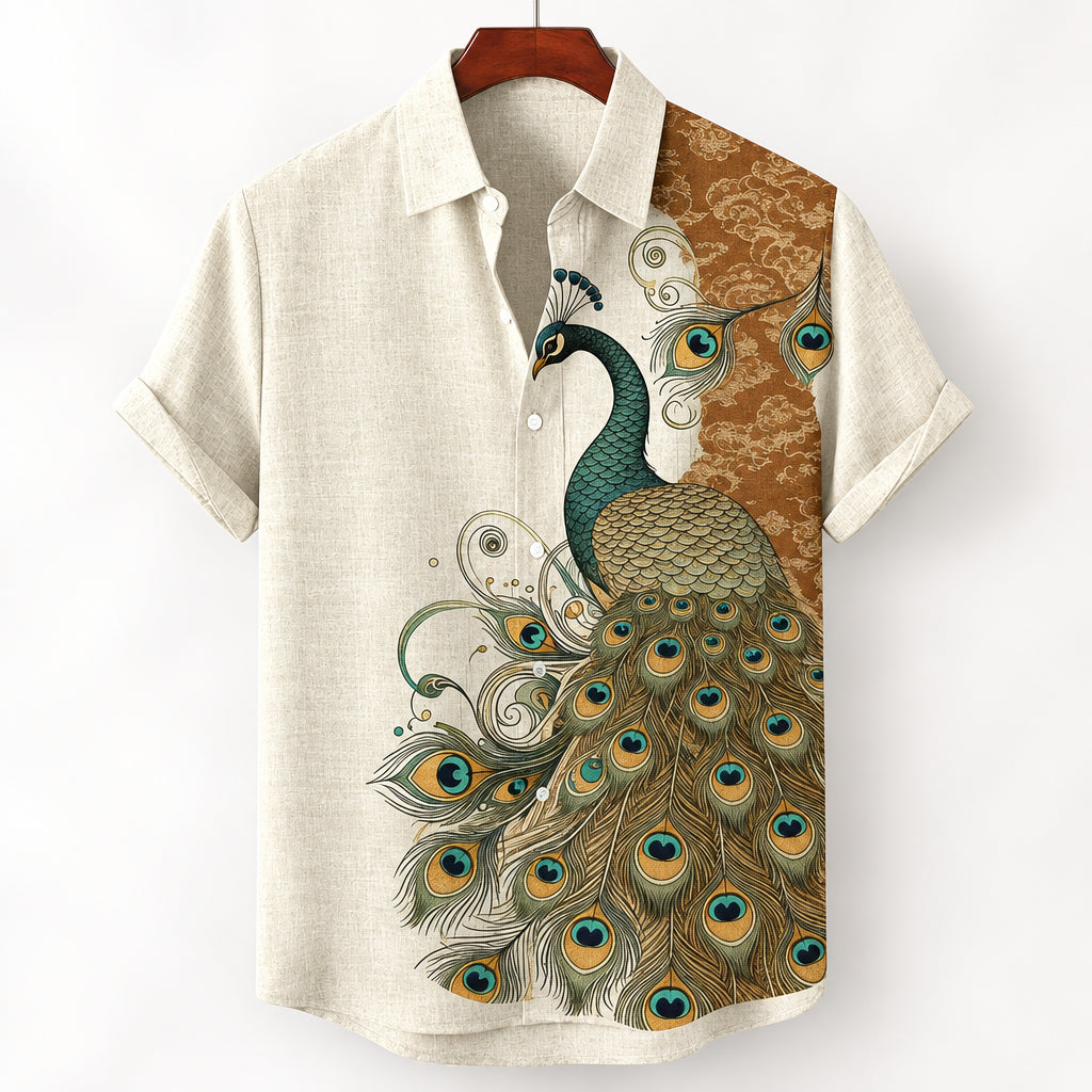 Ethnic Linen Short-Sleeve Peacock Shirt for Men