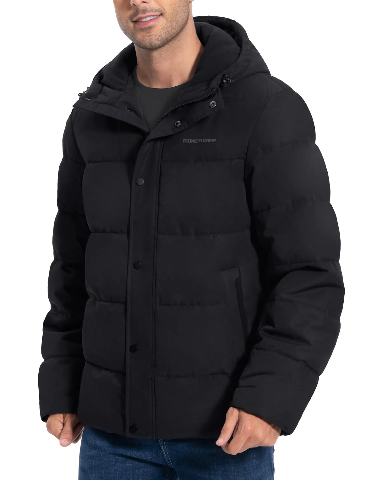 Men's Hooded Quilted Puffer Jacket with Snap Storm Flap