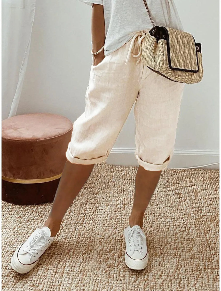 Women's Summer Cotton Linen Shorts Elastic Waist & Pockets