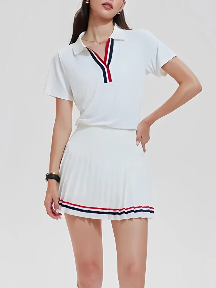 VITALINOVO Women 2 Pieces Athletic Skirt Set Outfits V Neck Polo Shirts High Waisted Pleated Tennis Skirts Golf Pickball Dress 24 Hour Sport
