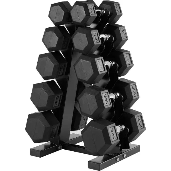 Premium Rubber-Encased Hex Dumbbells with Rack
