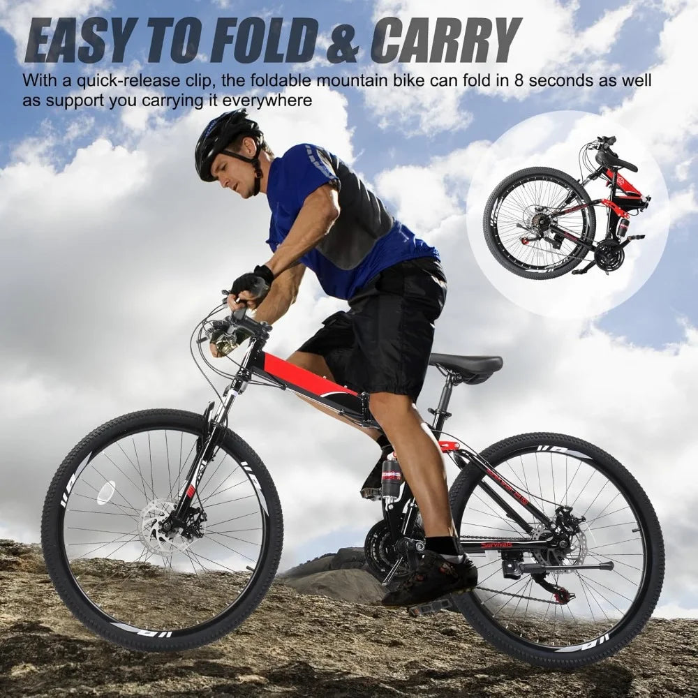 Portable 21-Speed Mountain Bike with Disc Brakes and Suspension