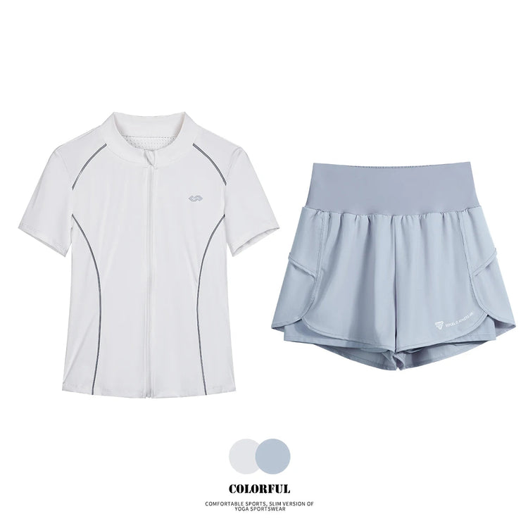 DRUR Breathable Gym Clothes for Women 2 Piece Summer Workout Sets Full Zip Sports Tops with Elastic Waist Shorts Active Wear New 24 Hour Sport