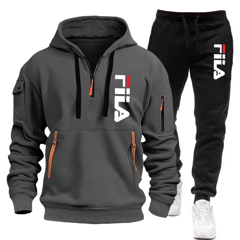 Men’s Winter Hooded Tracksuit: Multi-Pocket 2-Piece Set