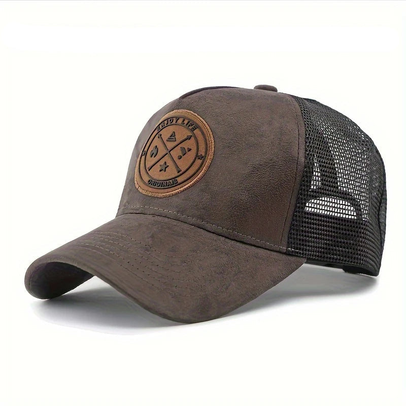 Brown trucker cap with a leather patch on a white background