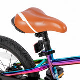 Close-up of a bicycle with a colorful frame and orange seat on a white background
