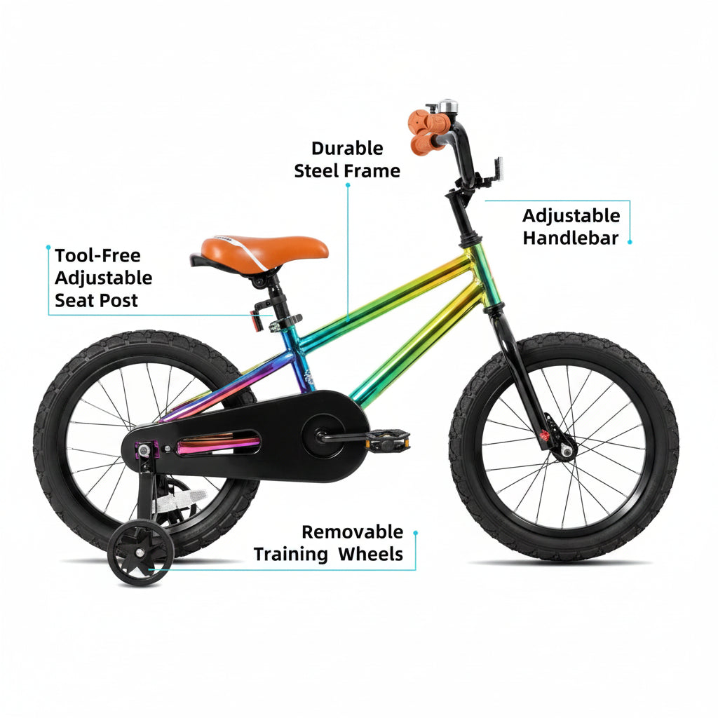 Colorful children's bike with labeled features on a white background