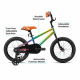 Colorful children's bike with labeled features on a white background